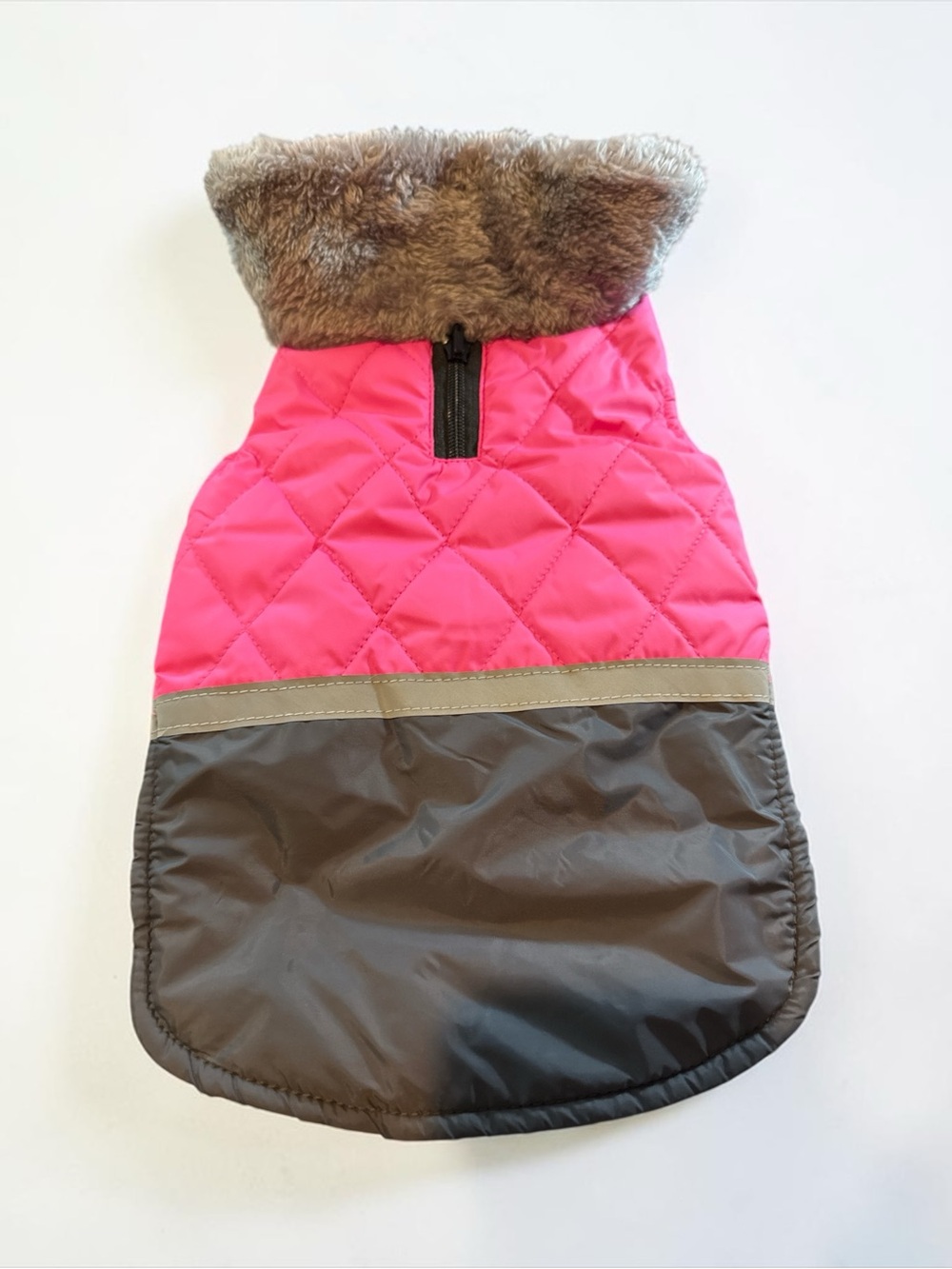 Pink and Brown Quilted Kids Jacket with Faux Fur Collar and paw print bowl